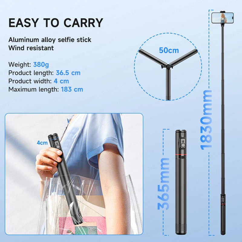 TOKQI C10 Tripod 72inch Extendable Bluetooth Selfie Stick, Aluminum Alloy Brackets for Smartphone iPhone Android Cellphone Shoot