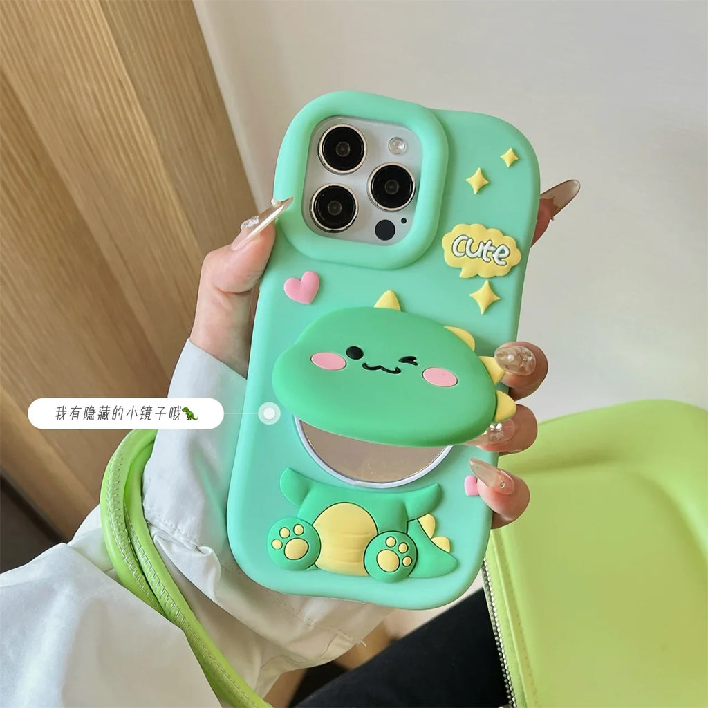 Cute Dinosaur Case Soft Silicone Cover With Holder&Mirror For iPhone